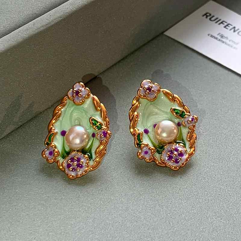 Star Sapphire - ピアス レディース モネガーデン 油絵風 フラワー パール K18金メッキ 銅製 高級感 上品 繊細 フレンチレトロスタイル 個性的な耳飾り お出かけ デート カジュアル エレガント