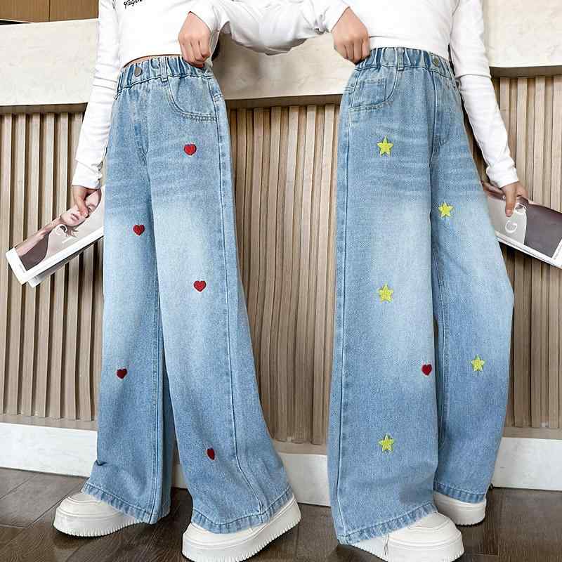 デニムパンツ 女の子 ガールズ ジュニア 春秋 星 ハート 刺しゅう ワイド ストレート ロングパンツ 柔..