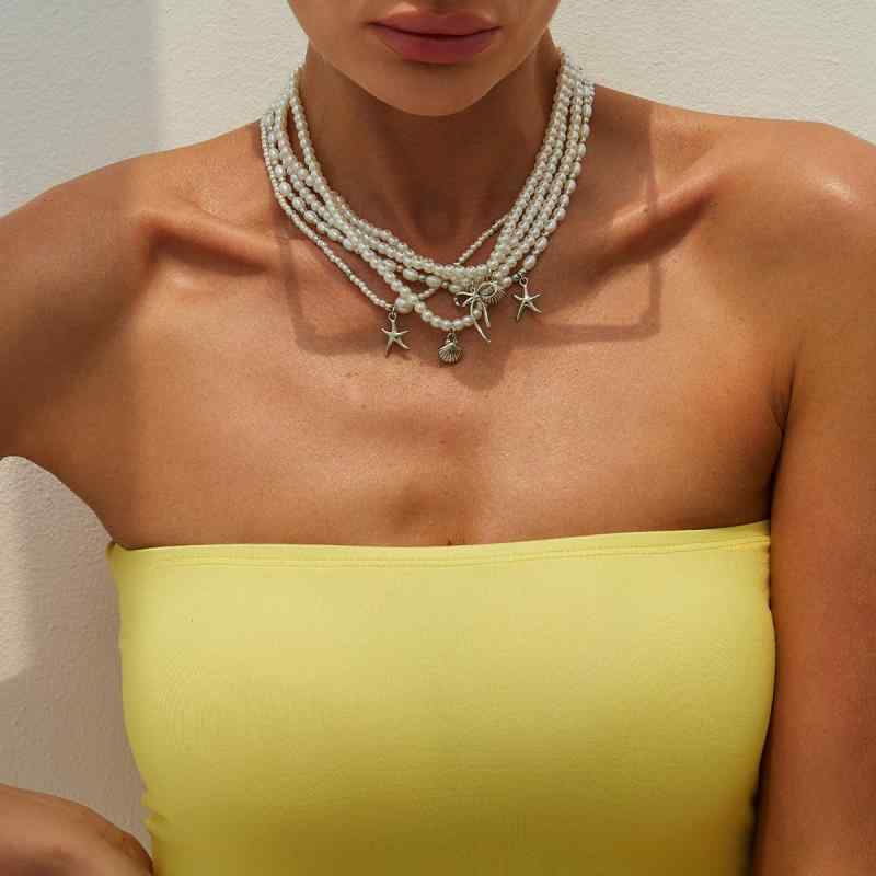 Other - ネックレス レディース 女性 高級感 多層 鎖骨チェーン 電気メッキ加工 エレガント フェイクパール 蝶々結び リボン ヒトデ パールビーズ ペンダント 春夏 ファッション 通勤 オフィス お出かけ