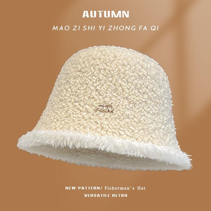 秋 冬 ニット 帽 女性 韓国 ラム ベルベット バケット ハット 無地 小さい 防寒性 暖かい フィッシャー..