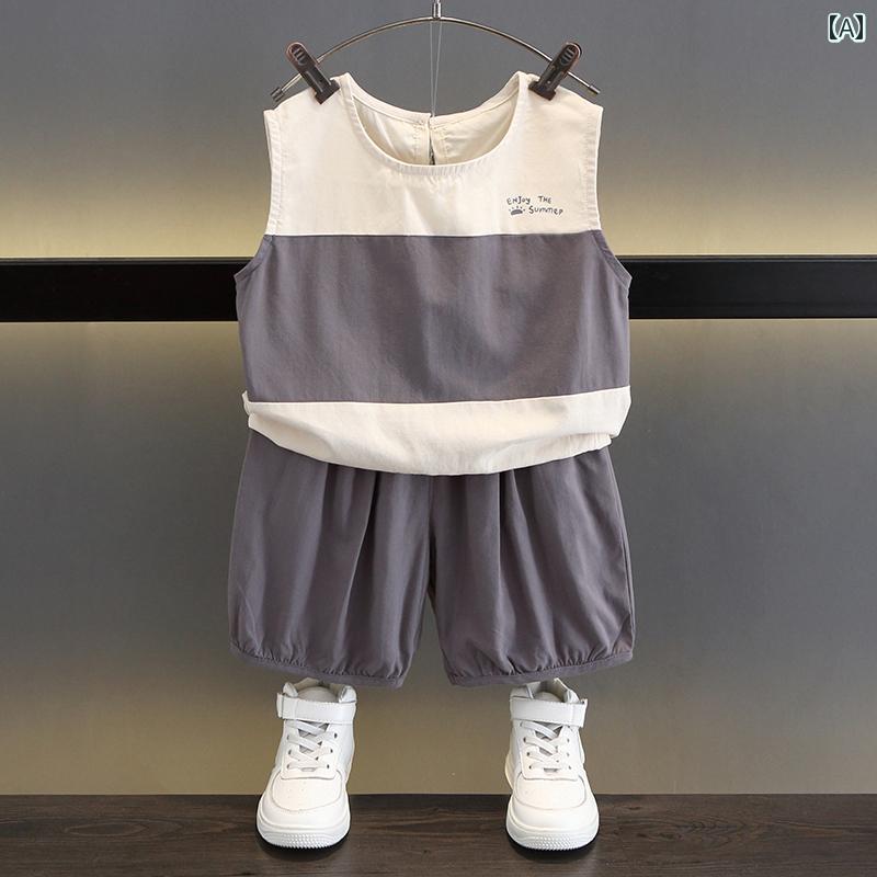 子供服 かわいい セットアップ 男の子 夏 ベスト スーツ おしゃれ ベビー 韓国 服 子供 夏 おしゃれ ノースリーブ 2点 セット