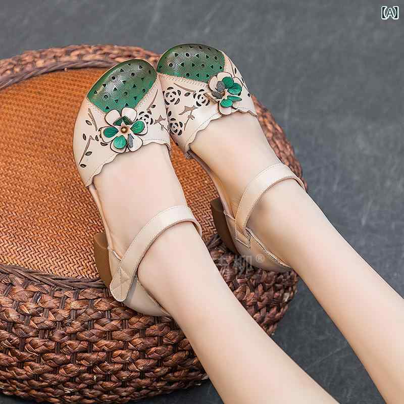 レディース 夏 革靴 おしゃれ 包頭 サンダル レトロ 革 婦人靴 ママ 靴 通気性 ミッド ヒール