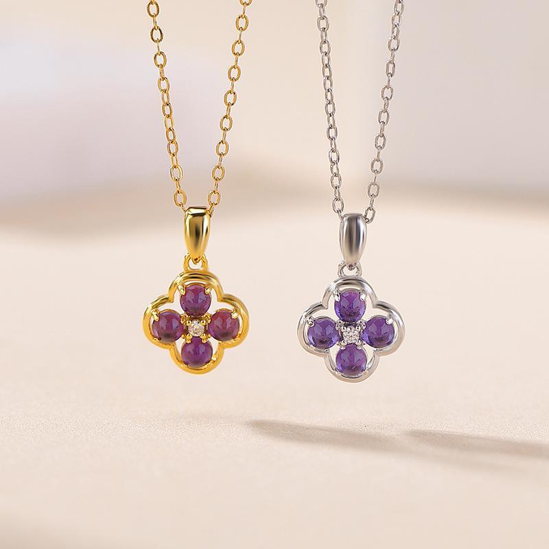 ネックレス S925純銀 天然アメジスト 四つ葉のクローバー フラワーモチーフ ペンダント レディース ク..