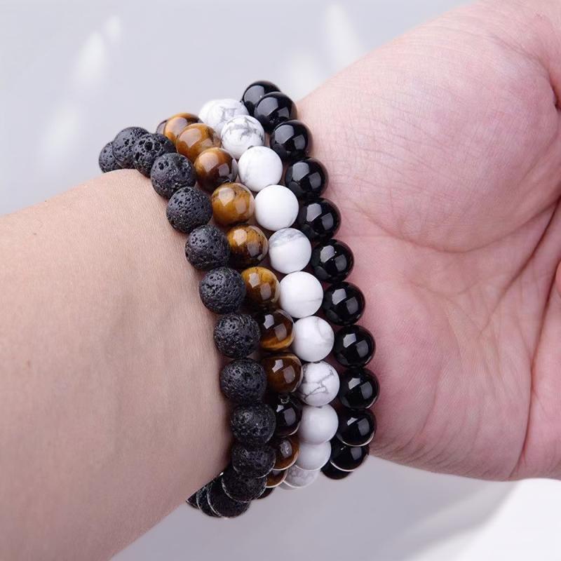 ブレスレット メンズ レディース 天然石 パワーストーン 手作り 丸玉 8mm 欧米風 タイガーアイ 溶岩石 黒水晶 オブシディアン ホワイトターコイズ
