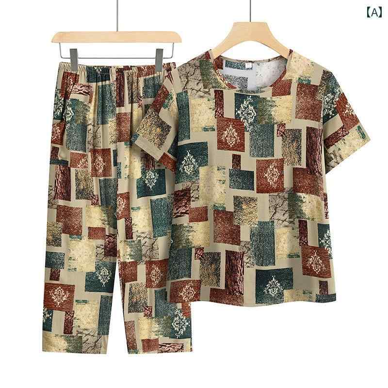 American Casual - 婦人服 おばあちゃん 夏 半袖 Tシャツ スーツ 薄手 シニア ファッション ゆったり プルオーバー ラウンドネック 大きめサイズ 着心地 涼感