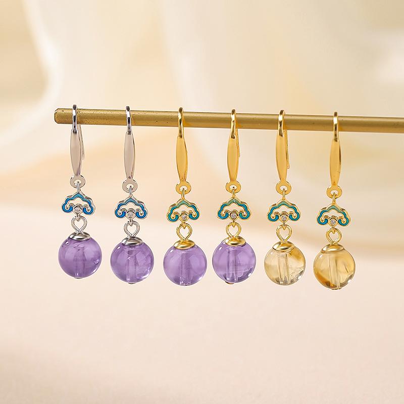 ピアス レディース S925 スターリングシルバー 天然石 アメジスト シトリン ラウンドビーズ ドロップピ..