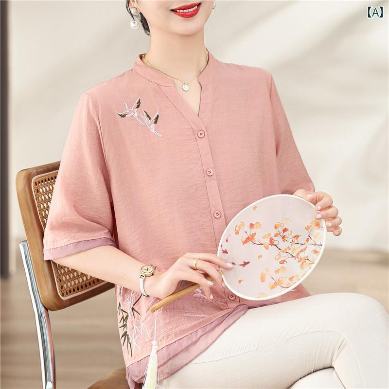 お母さん チャイナ風 夏 カジュアル 綿 リネン 半袖 スーツ レディース Tシャツ トップス カーディガン 刺繡 鶴