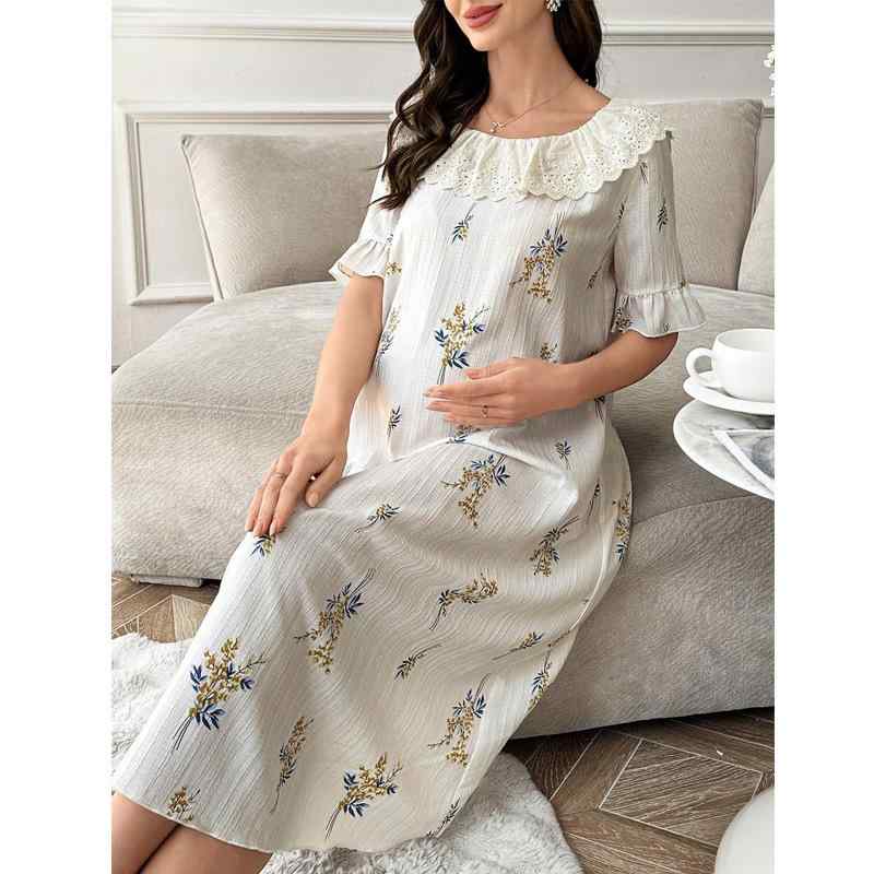ワンピース レディース マタニティ 妊婦服 ラウンドネック レース 小花柄 かわいい ゆったり 快適 パジャマ ルームウェア 部屋着 透気性 ワンマイルウェア 欧米風 春夏秋 ベージュ