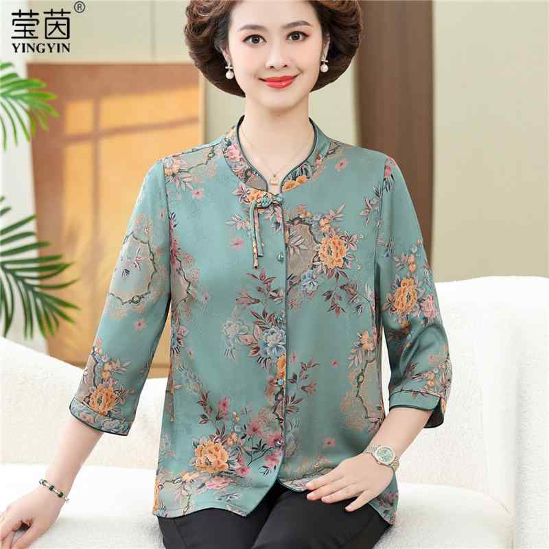 レディース チャイナ風シャツ クロップドパンツ ミセス ファッション マダム 夏 若見え 薄手 トップス 夏 ファッション レトロ トップス