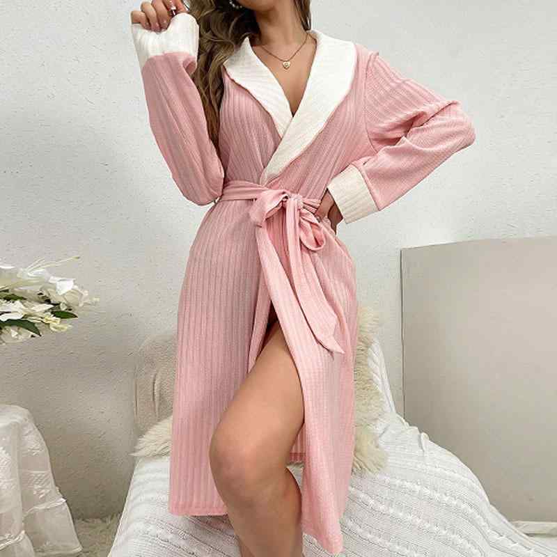 ルームウェア ワンピース レディース 長袖 襟付き リボンベルト ウエストマーク バイカラー 着痩せ効果 ミモレ丈 部屋着 パジャマ 初秋..