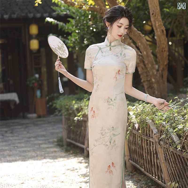 乐天商城 - レディース 夏 チャイナ ドレス かわいい ワンピース 普段使い 日常着 レトロ ハイエンド フレッシュ ガールズ ロング