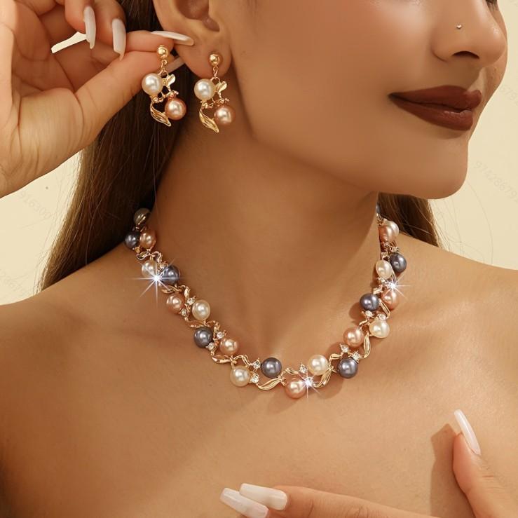 ネックレス レディース 欧米風 レトロ 大ぶり 2点セット イヤリング付き 花 リーフモチーフ 電気メッキ加工 合金製 上品 高級感 ブライダル 結婚式 パーティー 通勤 オフィススタイル