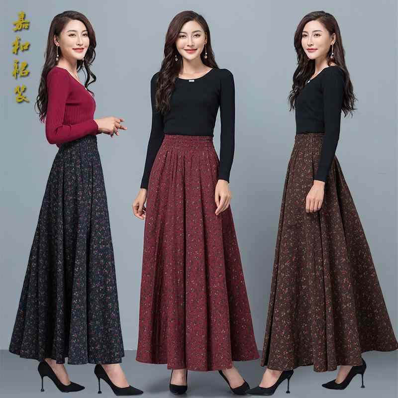 スカート レディース 秋 レトロ 花 綿 リネン ロング ハイウエスト a ライン スイング ロング