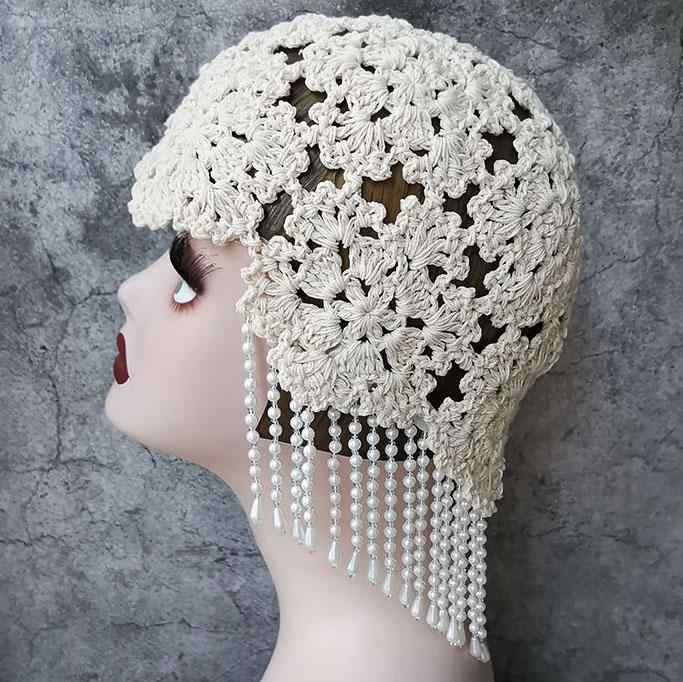 帽子 春秋 タッセル ビーズ チェーン かぎ針編み 包頭帽子 レトロ レディ バッグ ターバン帽子 レディース メロン皮 帽子 ティーンエイジャー
