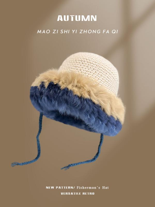 秋 冬 ニット ウール 女性用 韓国 ラビットファー 暖かい 耳保護 小さい 継ぎ 合わせられた つま先 キャップ