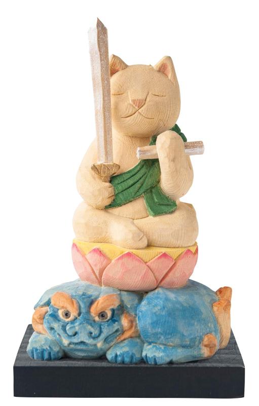 仏像 置物 オブジェ 猫buddha にゃんぶっだ 干支守護本尊 可愛い猫の仏様シリーズ 天然木 ヒキ 卯 うさぎ 年生まれ お守り猫仏 猫文殊菩薩 獅子 剣 巻物 学業成就 合格祈願 台座 化粧箱入り