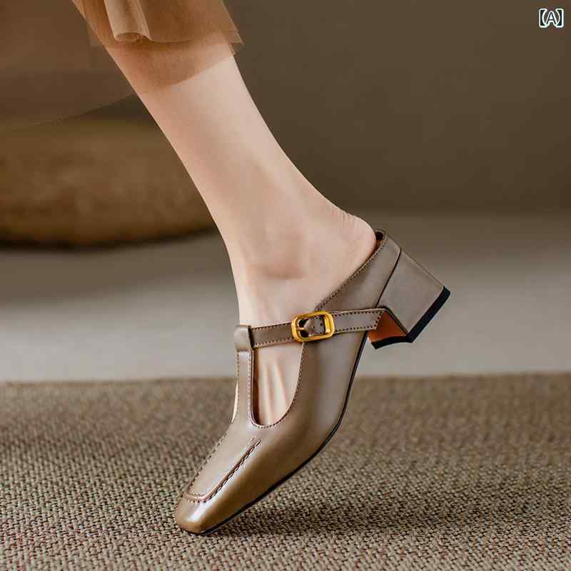 レディース 夏 ミュール おしゃれ オフィス 通勤 レトロ スクエアトゥ 厚手 ヒール バッグ トゥ ハーフ スリッパ 女性 アウターウェア T ストラップ ハイヒール サンダル 革