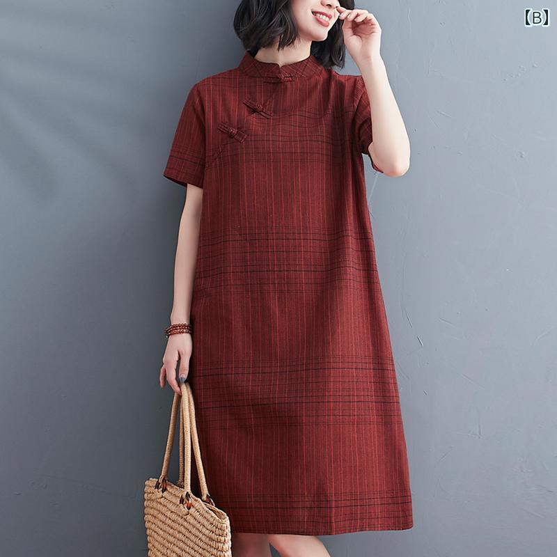 レディース 夏 チャイニーズ スタイル ワンピース おしゃれ 上品 婦人服 レトロ 中華風 プレート バックル チャイナ ドレス スカート フォレスト チェック柄 半袖 ミドル丈 コットンリネン 女性 用 2