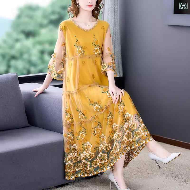 レディース ワンピース きれいめ 上品 ミセス 婦人服 お嬢様 サマー ドレス 刺繍 メッシュ 高級感 スカート