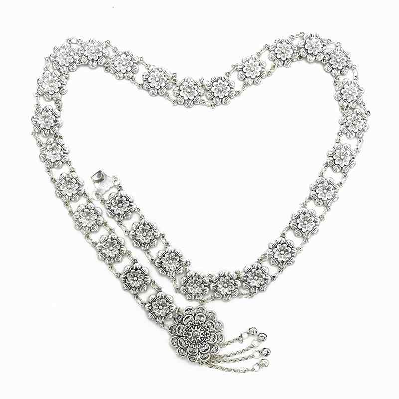 ウエスト チェーン ダンス アクセサリー レトロ シルバー フラワー ベル メタル タッセル ベリー ベルト ボヘミアン エスニック ボディ アクセサリー