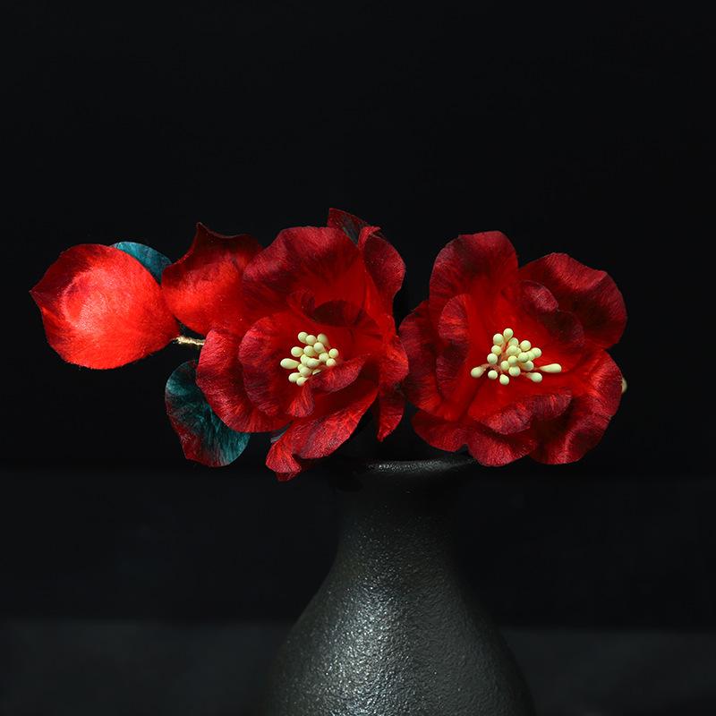ヘアクリップ レディース 紅双茶 伝統工芸 シルクベルベット花 ダブル椿 レッド 手作り レトロ 古風 チャイナドレス 婚礼 結婚式 披露宴 和装 髪飾り 髪留め