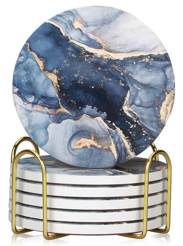 HUACHENG コースター おしゃれ 6個セット セラミック製 大理石模様 耐熱 保護コルク裏面 マグ お茶パッド カップマット 吸水 速乾 断熱 滑り止め 家庭用 オフィス用 ボヘミアン風 丸型 ホルダ