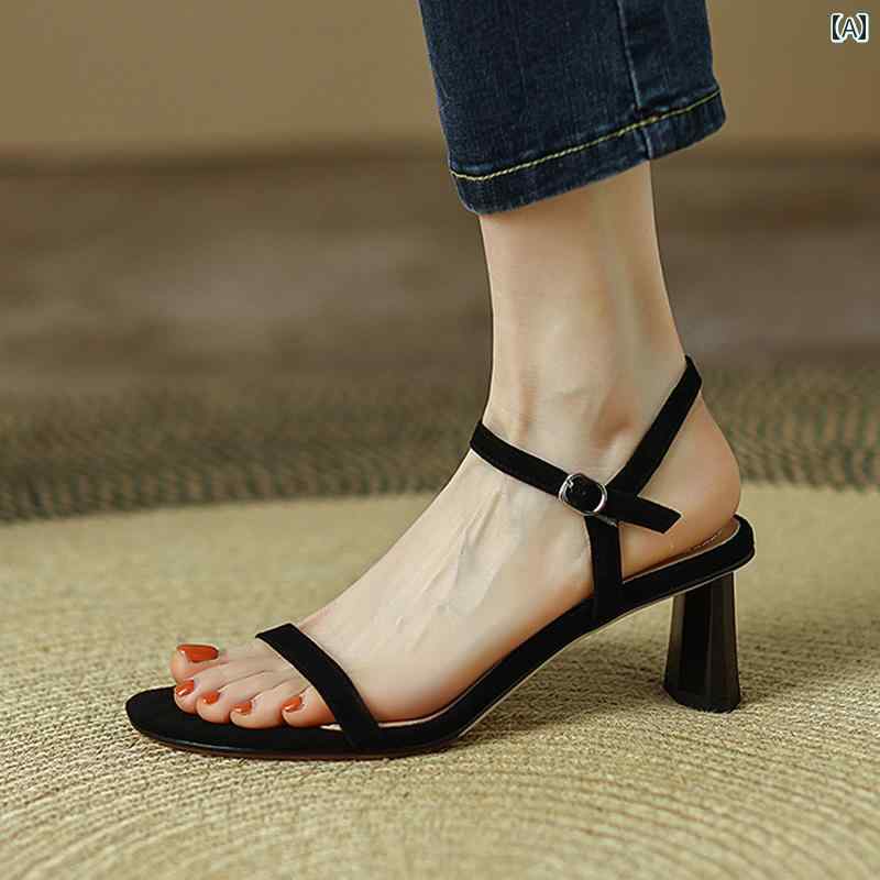 レディース 夏 ハイヒール サンダル スタイルアップ おしゃれ 女性用 ワン ライン ストラップ フェアリー スタイル 太い ヒール 汎用性 高さ バックル