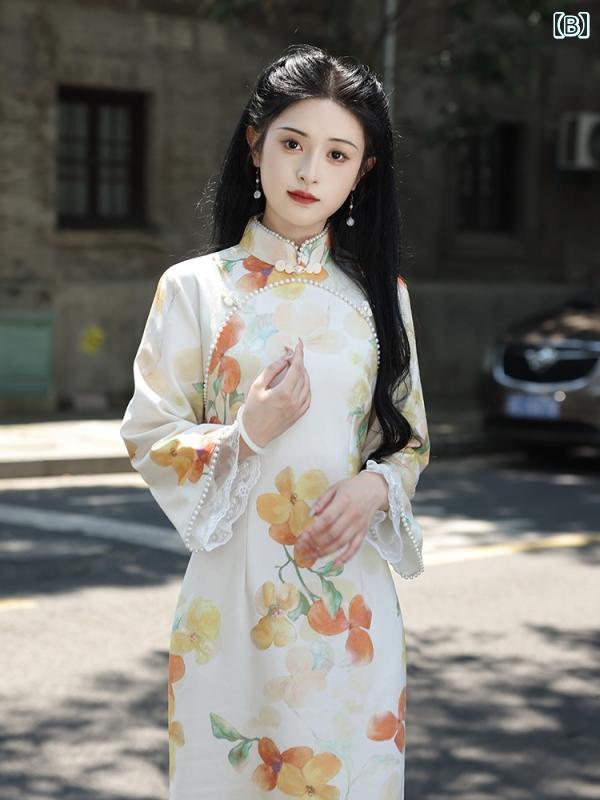 レディース チャイナドレス おしゃれ ワンピース コスプレ 写真撮影 レトロ 民族風 スエード 初秋 上品 洗練 ガールズ 逆袖 ドレス 長袖