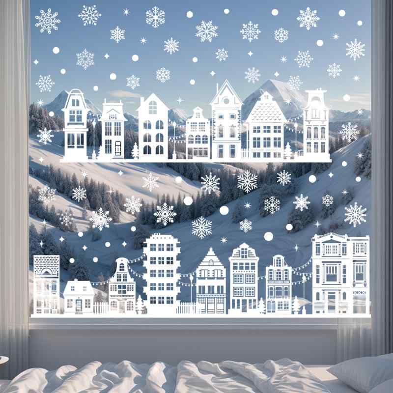 Rakuten - ウィンドウステッカー クリスマス 貼ってはがせる 静電気式 スノーフレーク 雪の結晶 城 街並み ガラスショーウィンドウ 店舗用 リビング 部屋 飾り付け デコレーション