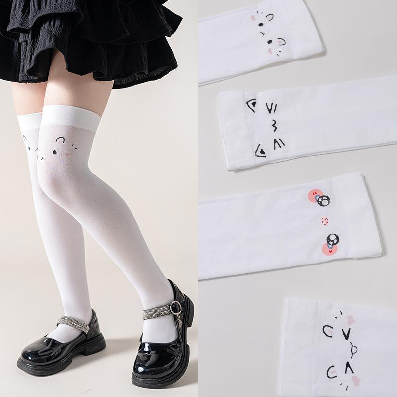 靴下 キッズ 女の子 ガールズ 夏用 薄手 接触冷感 透湿 蒸れない かわいい JKスタイル キャラクター表情柄 ベルベット オーバーニーソックス ハイソックス ミドル丈 白