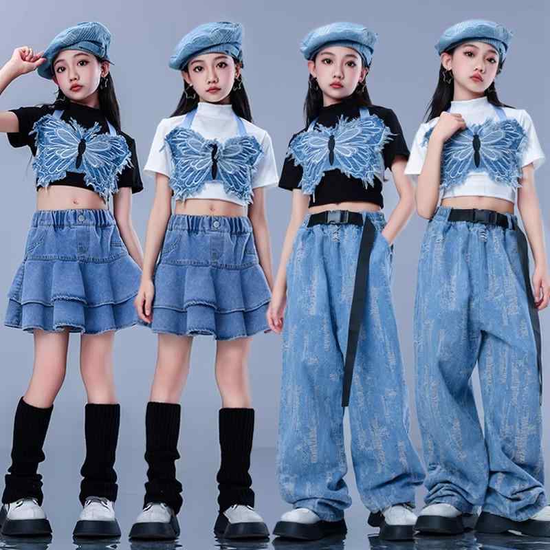 子供服 女の子 Tシャツ へそ出し ジーンズ ミニスカート コスチューム バンド ダンス ヒップホップ ストリート系 パフォーマンス 衣装 クール かっこいい キッズ