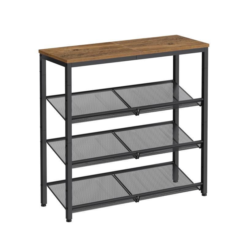 VASAGLE シューズラック 靴棚 4段オープンラック 玄関靴収納 メッシュ棚 組立簡単 折畳み型シューズラック 奥行28cm 木製天板 おしゃれ