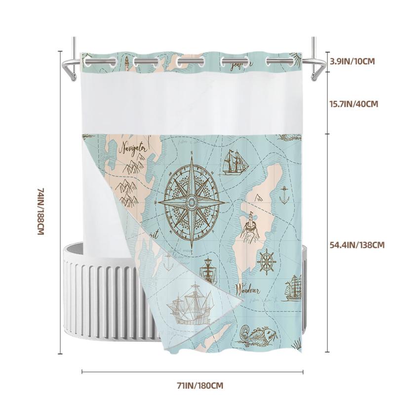 シャワーカーテン 防水 二重 デジタルプリント マリンスタイル 航海デザイン ポリエステル製 浴室 バスルーム おしゃれ モダン シンプル インテリア