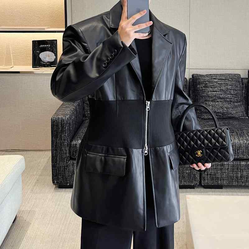 Other Apparel - ジャケット スーツ 男性用 韓国 ハイエンド 分解 PU レザー スプライシング スーツ ハイエンド 軽い ギャラリー 形状 ジッパー スーツ