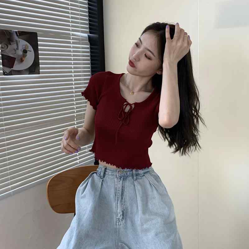シャツ レディース 夏 カジュアル トップス シック 小さい タイト 優雅 ハイウエスト ショート へそ出し 赤 半袖 T