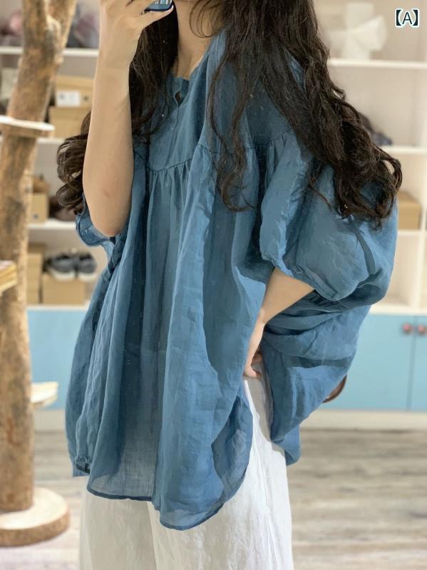 レディース 夏 服 サマーウェア レトロ 綿 リネン ランタン スリーブ シャツ 女性 文学 無地 日焼け防..