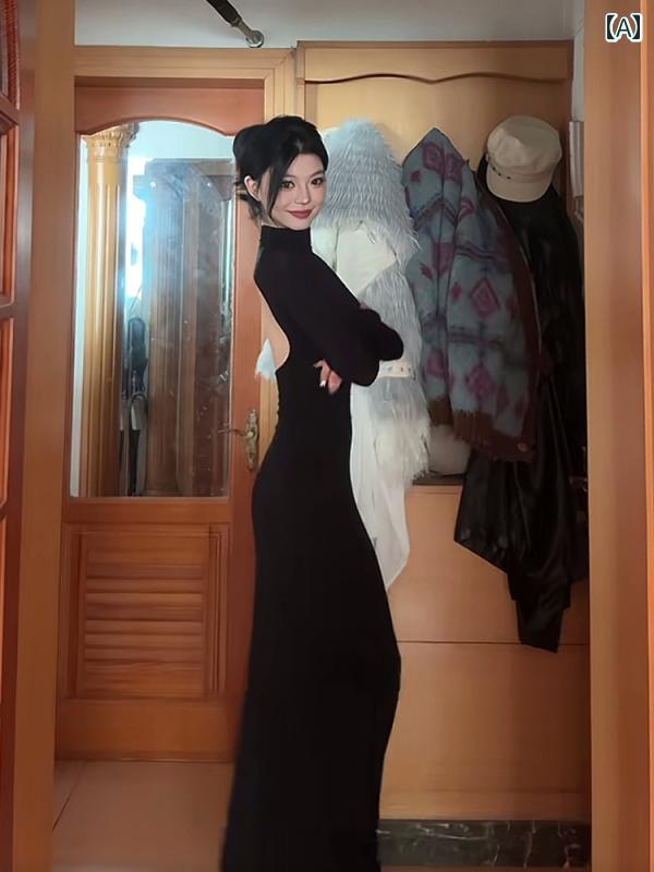 レディース ワンピース レトロ スリム バックレス 起毛 厚手 ドレス 女性 秋冬 ハイネック エレガント リトル ブラック スカート