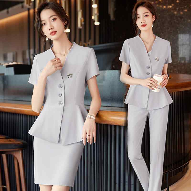 レディース スーツ ジャケット パンツ スカート セット おしゃれ スタイリッシュ シンプル グレー 夏 豪華感 半袖 フォーマル 作業着 接客業 ビジネス 秘書 事務 営業 フロント オフィス 大きめサイズ