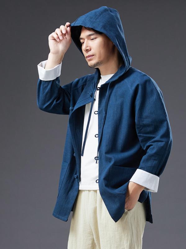 シャツ メンズ 中華風 ファッション レトロ 中国 リネン フード 綿 リネン スウェット ラミー ボタン アップ トップス