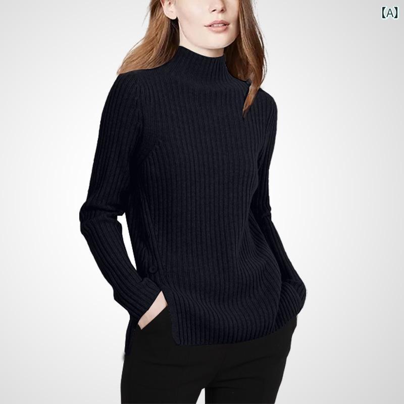Knitting, Sweaters - レディース 秋冬 スリット プルオーバー ハイネックセーター スリムフィット ニット 大人 レディース スタイリッシュ ファッション シンプル ミニマル