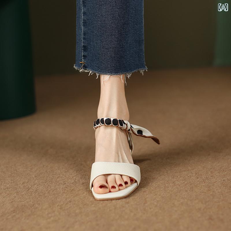 レディース 夏 ハイヒール サンダル スタイルアップ おしゃれ フレンチ 女性用 ミッド ヒール 革 フィ..