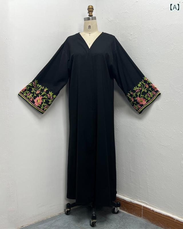 ローブ レディース アラビア刺繍 ロング丈 アバヤ ゆったり 長袖 エスニック 中東 羽織り 開襟 ファッション 立体装飾 ポリエステル ブラック ゴールド 2