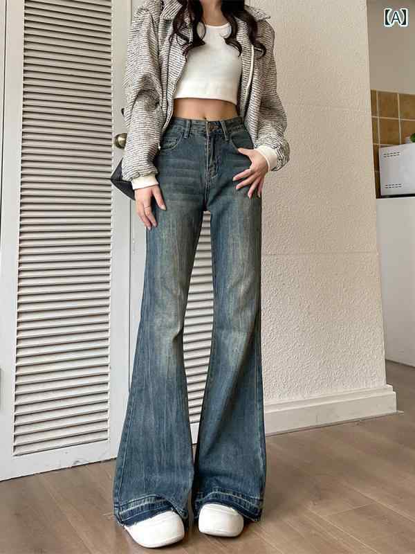 Boot Cut Jeans - レディース レディース アメリカン レトロ ローエッジ ブーツカット ジーンズ 春秋 ハイウエスト フレア パンツ ストレッチ デニム ウォッシュ加工 ロング