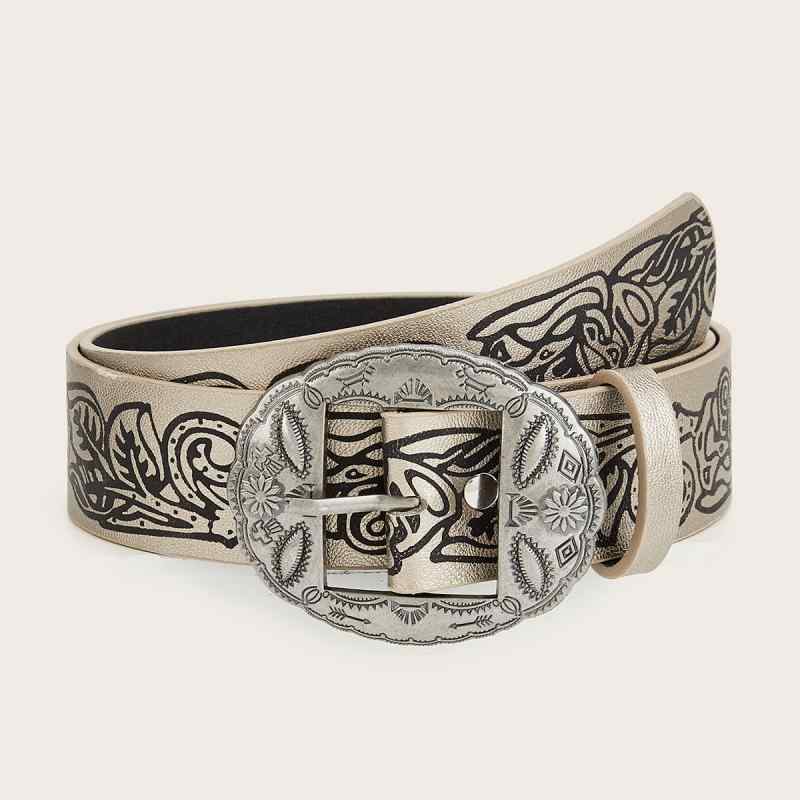 ベルト レディース Y2K アメリカンヴィンテージ レトロ エスニック 民族調 高級感 合皮 ピンバックル デニム ジーンズ カジュアル ブラウン 茶色