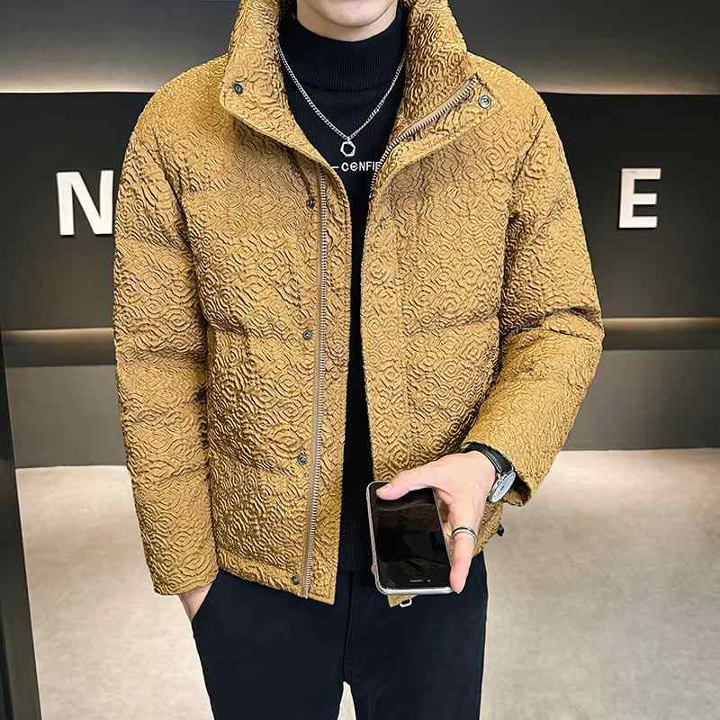 ダウンジャケット メンズ スタンドカラー 立ち襟 ジップアップ プリーツ エンボス加工 保温 防寒 極暖 ホワイトダックダウン 厚手 ポリエステル 韓国ファッション アウター カジュアルウェア デイリーユース 冬物 ブラック キャメル