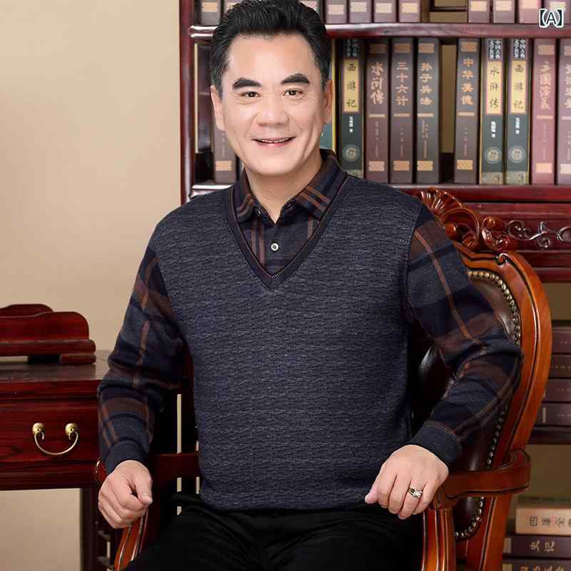 メンズ トップス 重ね着風 秋冬 お父さん シニア ファッション セーター 裏起毛 厚手 フェイク セットアップ シャツ 長袖 プルオーバー 普段使い使い チェック シャツ襟 カジュアル シンプル 大きいサイズ 暖かい