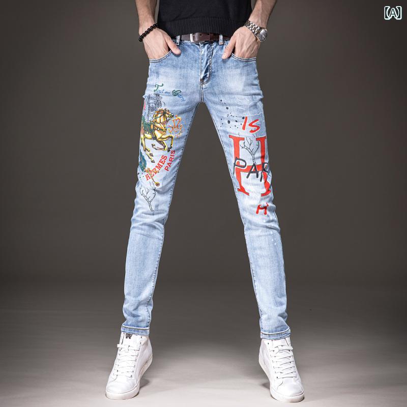 メンズ デニム ロングパンツ 夏 ストレート スリム カジュアル スタイリッシュ おしゃれ 快適 デイリー イベント レジャー アウトドア ツーリング