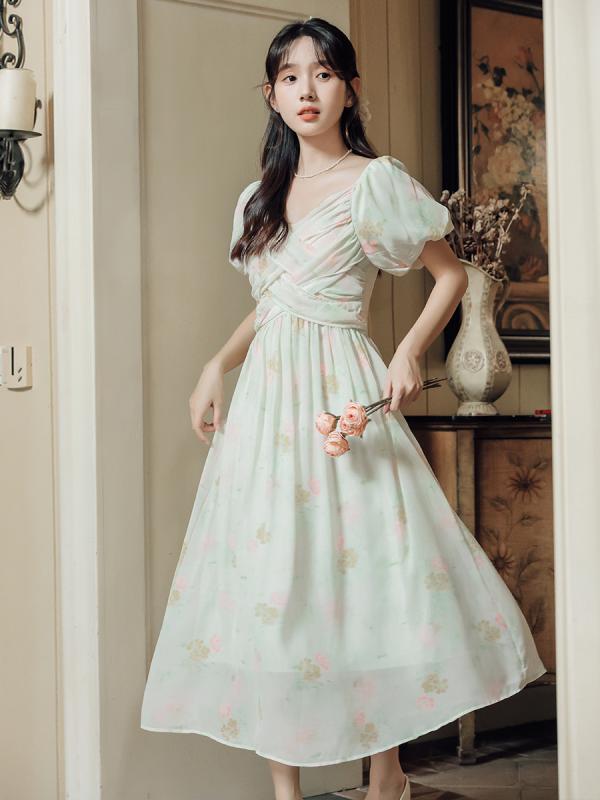 レディース 婦人服 ワンピース ドレス レトロ ウエストマーク フリル シフォン 夏 ...