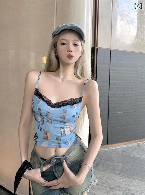 レディース キャミソール 猫柄 夏 へそ出し ショート丈 スリムフィット セクシー 魅惑 ガーリー スタイリッシュ レディース
