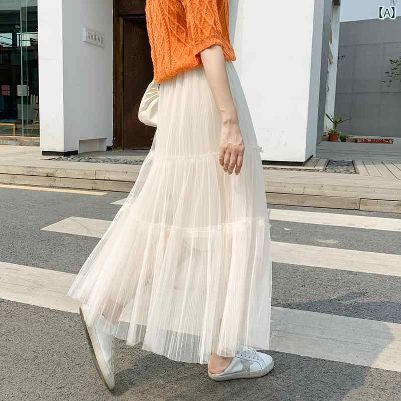 レディース ガーゼ スカート 春秋 ハイウエスト ケーキ メッシュ ミドル丈 プリーツ a ライン プリーツ..